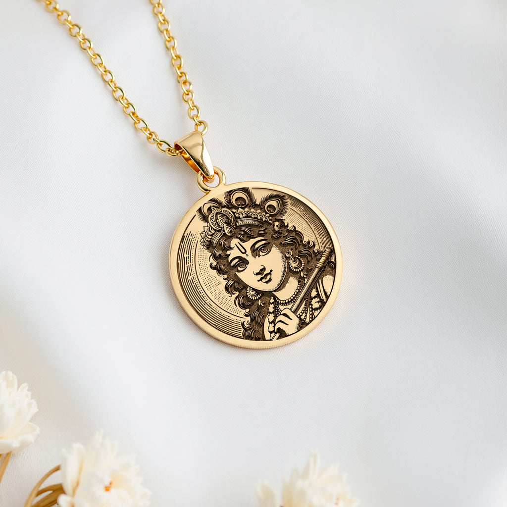 14K solid gold Krishna God Talisman Necklace: round  of Krishna Hindu deity with engrav...