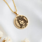 14K solid gold Krishna God Talisman Necklace: round  of Krishna Hindu deity with engrav...