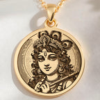 14K solid gold Krishna God Talisman Necklace: round  of Krishna Hindu deity with engrav...