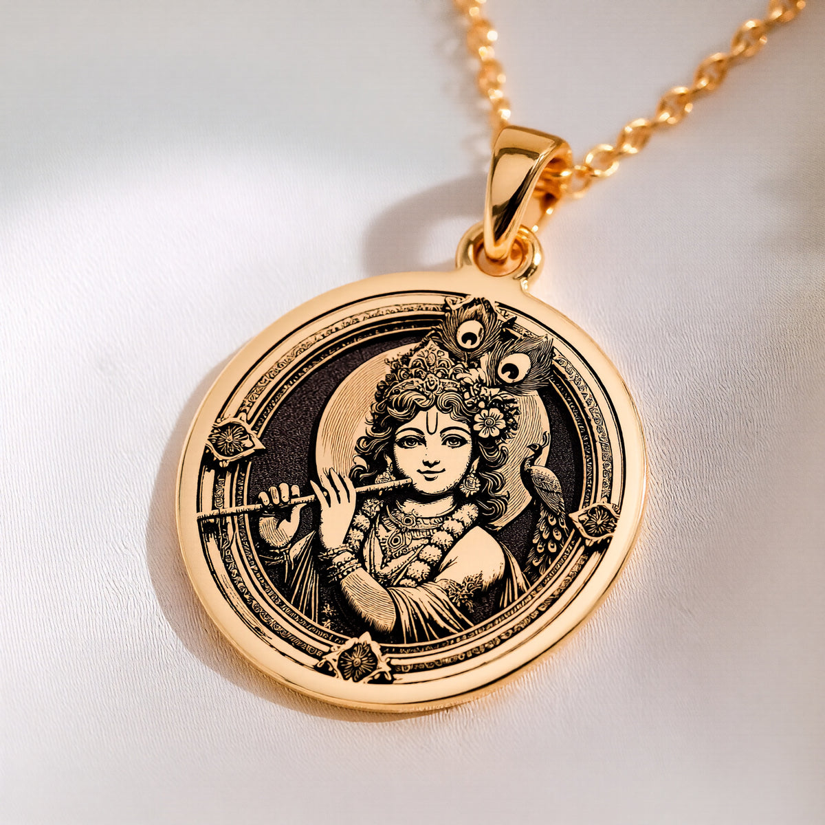 Krishna Amulet Hindu Pendant Necklaces 14K 14K Gold Plated pendant necklace featuring an ornate circular portrait of a deity.