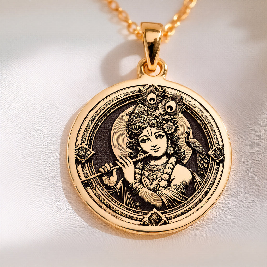 Krishna Amulet Hindu Pendant Necklaces 14K 14K Gold Plated framed portrait pendant with ornate classical design necklace