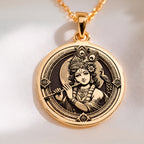 Krishna Amulet Hindu Pendant Necklaces 14K 14K Gold Plated framed portrait pendant with ornate classical design necklace