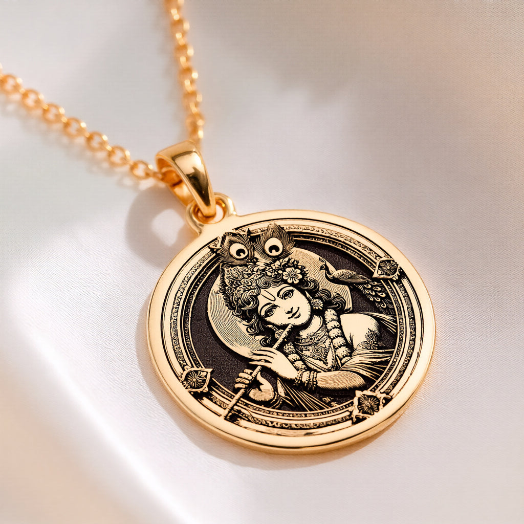 Krishna Amulet Hindu Pendant Necklaces 14K 14K Gold Plated pendant necklace featuring a woman with an owl motif in a circular frame.