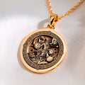 14K solid gold Cronus Titan Time Lord necklace. Ancient mythology protection talisman jewelry with an antique gold pendant design.