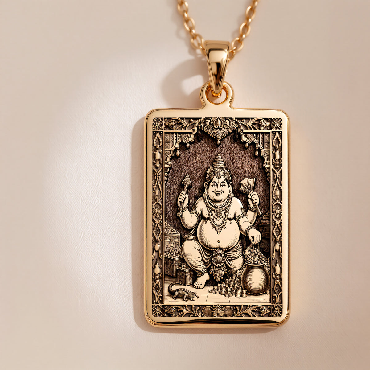 14K solid gold Kubera God of Wealth pendant, Hindu mythology protection talisman and deity jewelry. Ornate gold design.