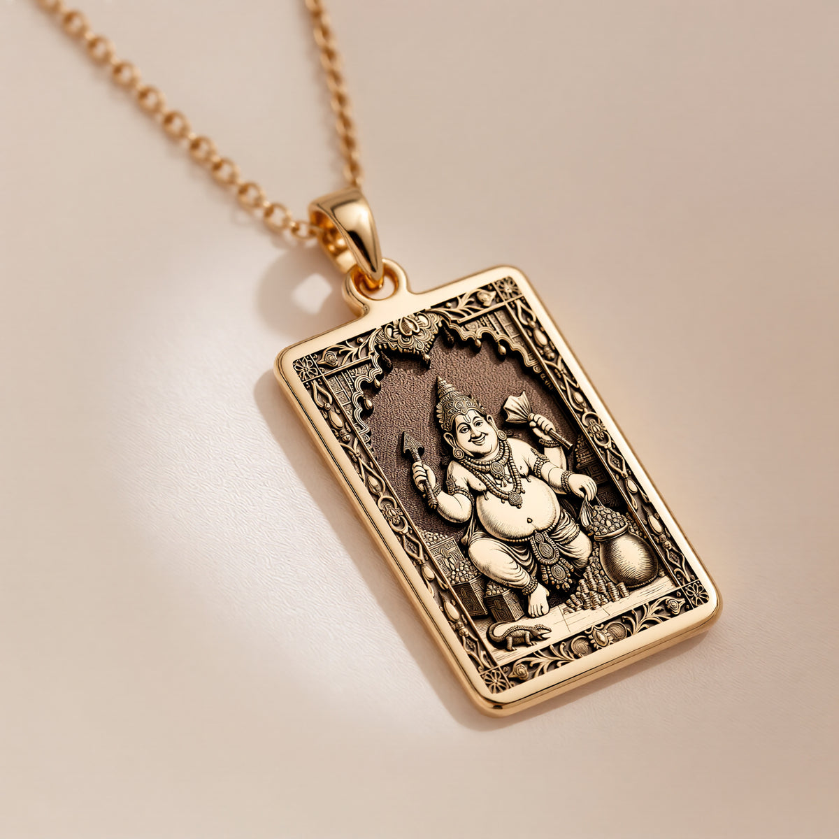 14K solid gold Kubera God of Wealth pendant. Hindu mythology deity protection talisman necklace jewelry.