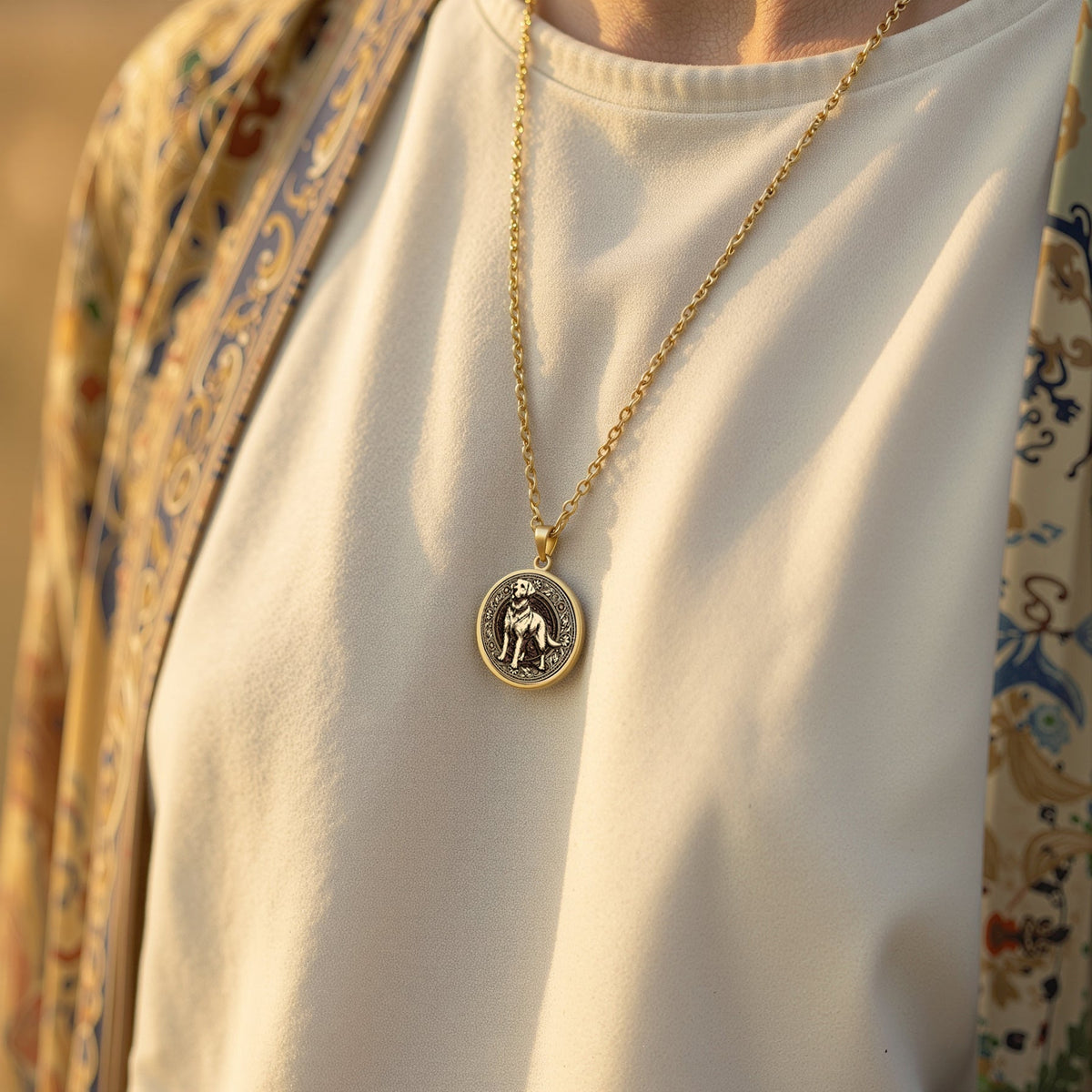 An heirloom-quality 14K solid gold Labrador tarot pendant. The art shows the friendly dog under the moon, symbolizing loyalty, a precious dog mom gift.