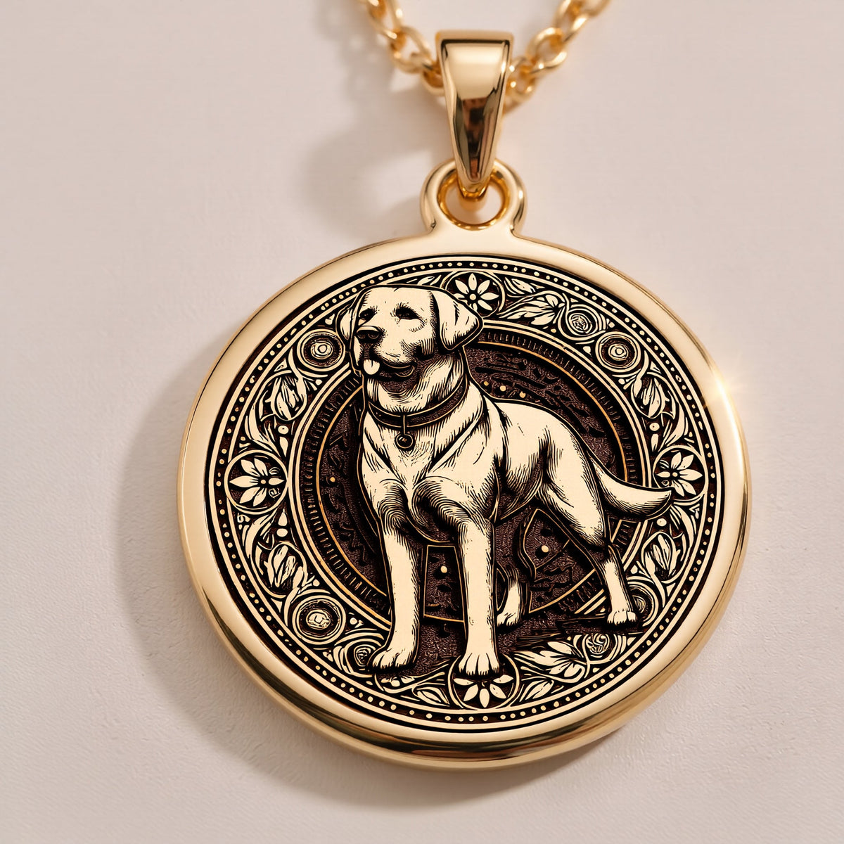 An elegant rose gold plated Labrador pendant. The beautiful engraving makes this a dainty and modern piece of pet jewelry.