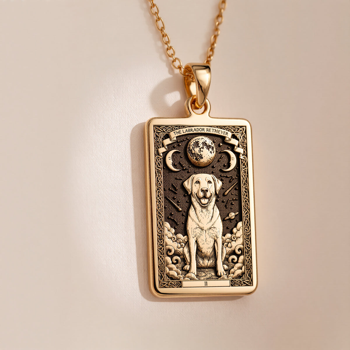 Studio front view of 14K Gold Plated Labrador Retriever Dog Tarot Card Rectangle Pendant Necklace, featuring Loyal Dog Memorial & Wildlife Nature Spirit Animal Jewelry with crisp engraved relief details.