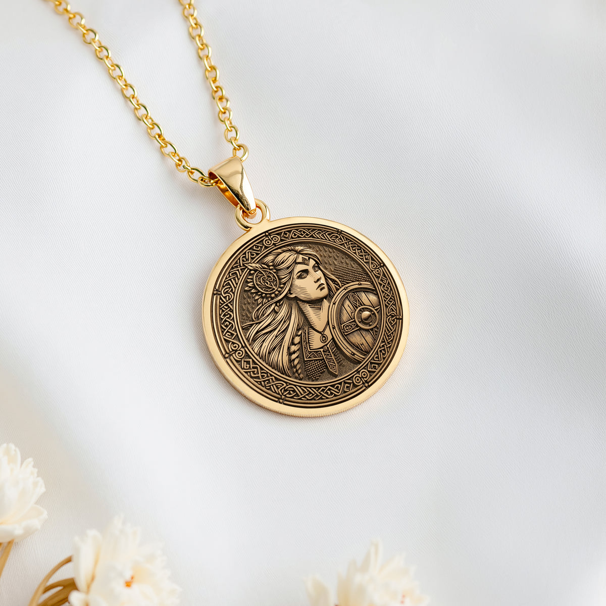 14K solid gold Lagertha Shield Viking Wayfinder Necklace: round  of Lagertha Viking shi...