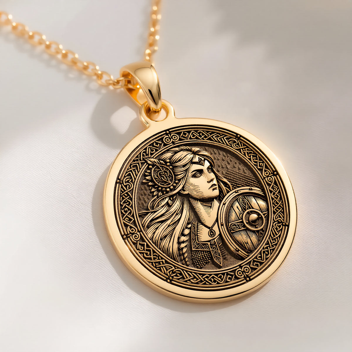 14K solid gold Lagertha Shield Viking Wayfinder Necklace: round  of Lagertha Norse shie...