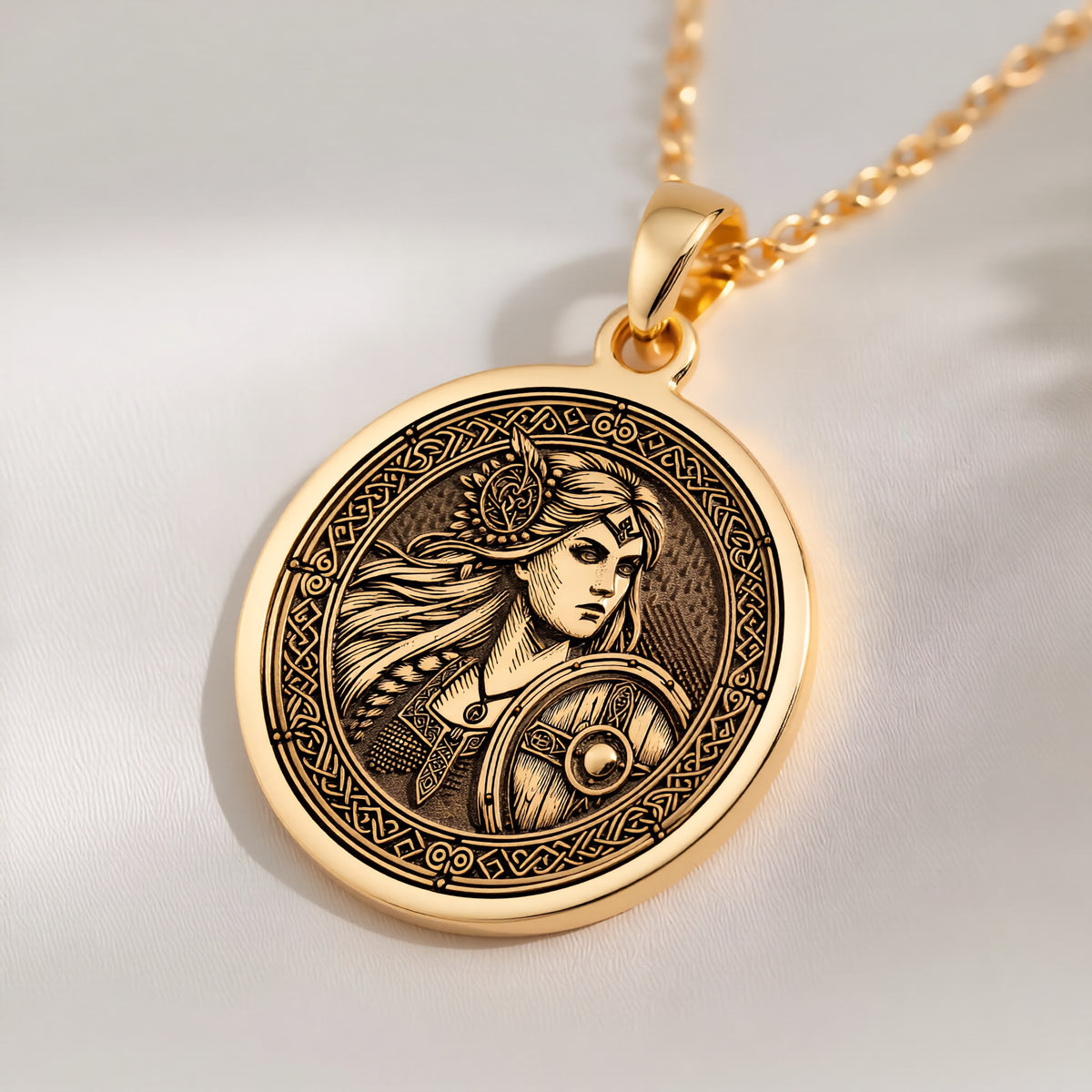 14K solid gold Lagertha Shield Viking Wayfinder Necklace: round  of Lagertha shield Vik...