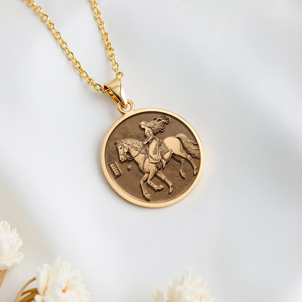Lady Godiva Horse Rider Coin Pendant | 14K Solid Gold - Ancient Mythology History Buff Gift