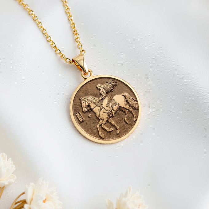 14K solid gold Lady Godiva Horse Rider coin pendant. Polished antique mythology history gift jewelry for history buffs.