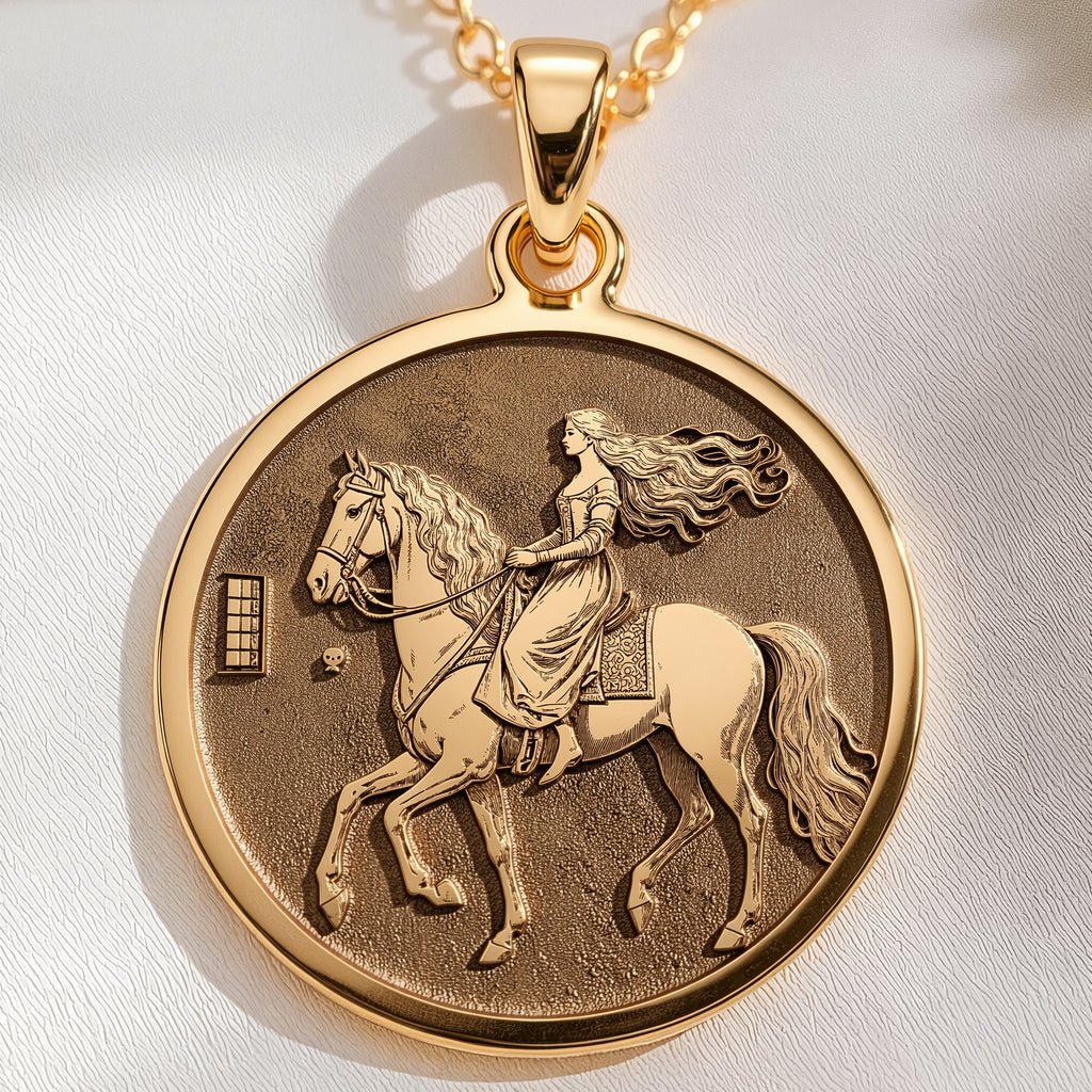 Lady Godiva Horse Rider Coin Pendant Necklaces 14K 14K Gold Plated pendant featuring a woman riding a horse design necklace