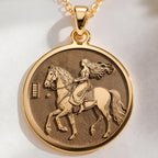 Lady Godiva Horse Rider Coin Pendant Necklaces 14K 14K Gold Plated pendant featuring a woman riding a horse design necklace