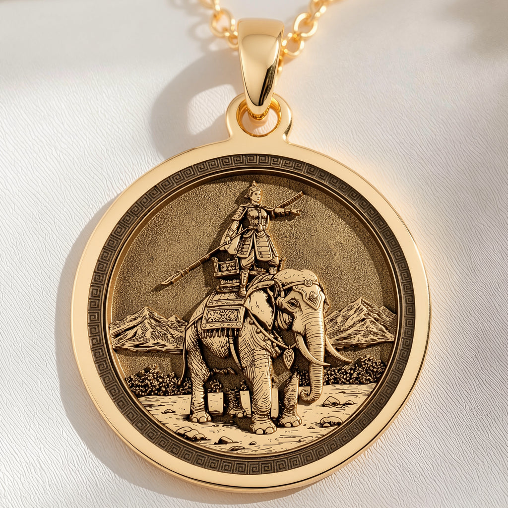 14K solid gold Lady Trieu Warrior Queen Necklace: round  of Lady Trieu Vietnamese warri...