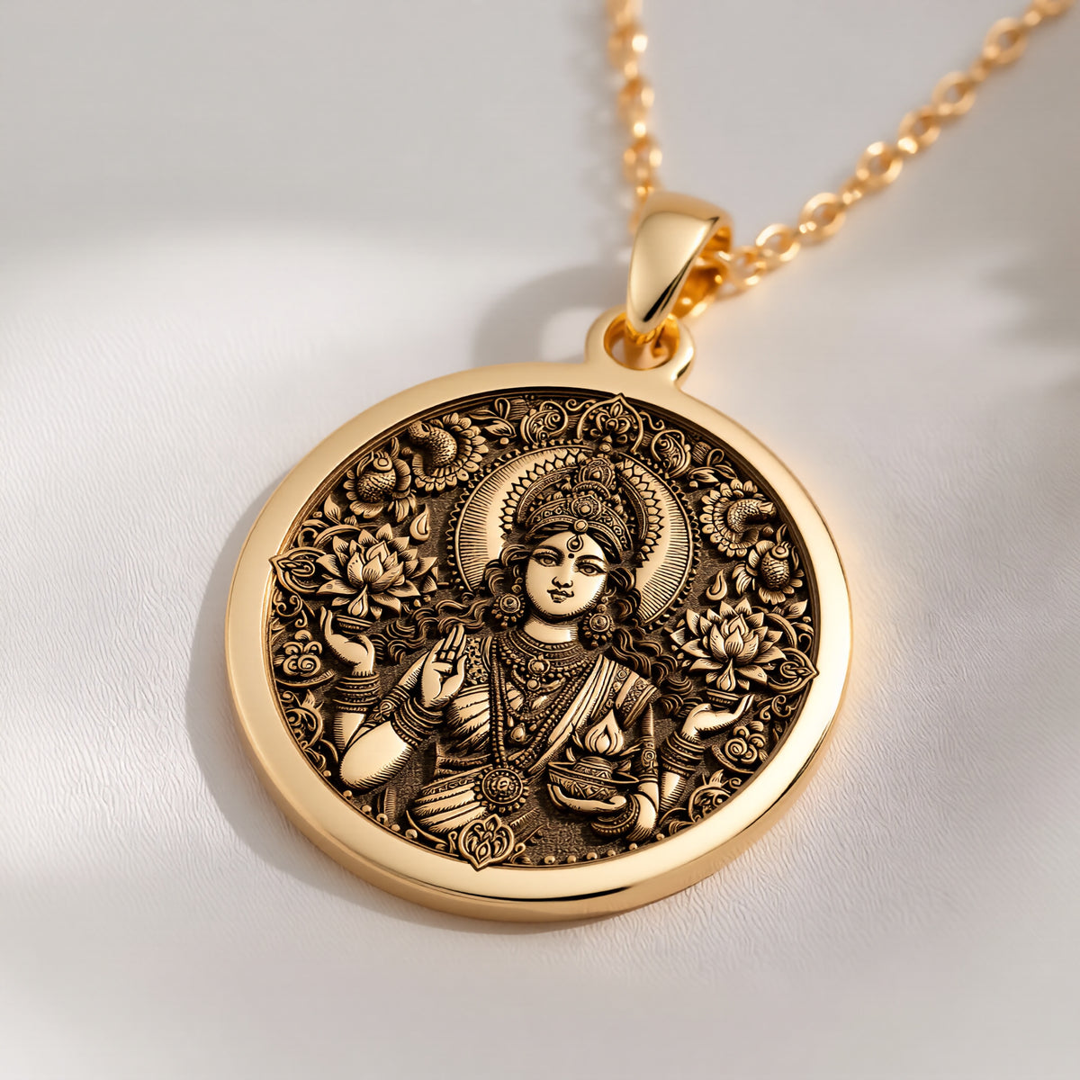 14K solid gold Lakshmi Goddess Divine Feminine Necklace: round  of Lakshmi Hindu goddes...