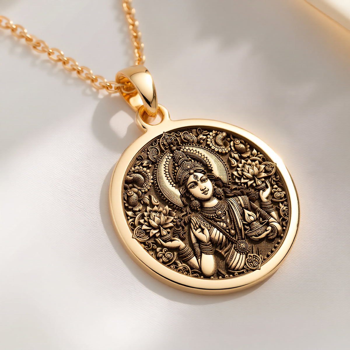 14K solid gold Lakshmi Goddess Divine Feminine Necklace: round  of Lakshmi Hindu goddes...