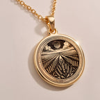 925 925 Sterling Silver Lavender Field Floral Sun Coin Pendant Necklaces Silver sunburst pattern pendant necklace with radiating lines on dark fabric.