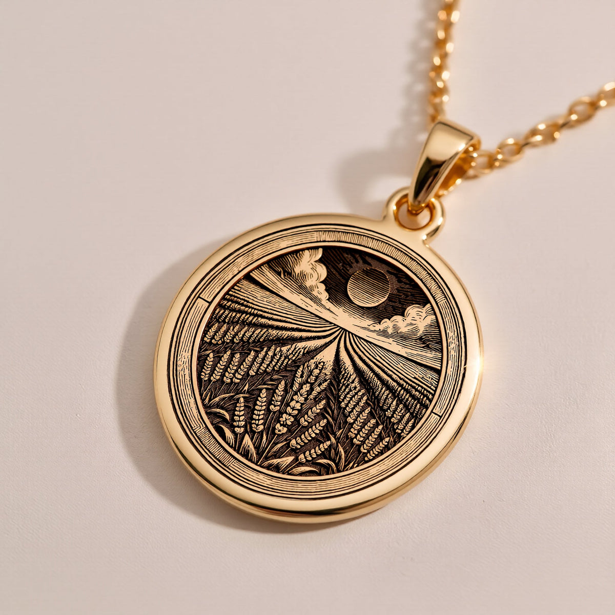 Lavender Field Floral Sun Coin Pendant Necklaces Rose 14K Rose 14K 14K Rose 14K 14K Rose Gold Plated round pendant with stylized feather design necklace