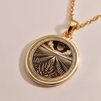 Lavender Field Floral Sun Coin Pendant Necklaces Rose 14K Rose 14K 14K Rose 14K 14K Rose Gold Plated round pendant with stylized feather design necklace