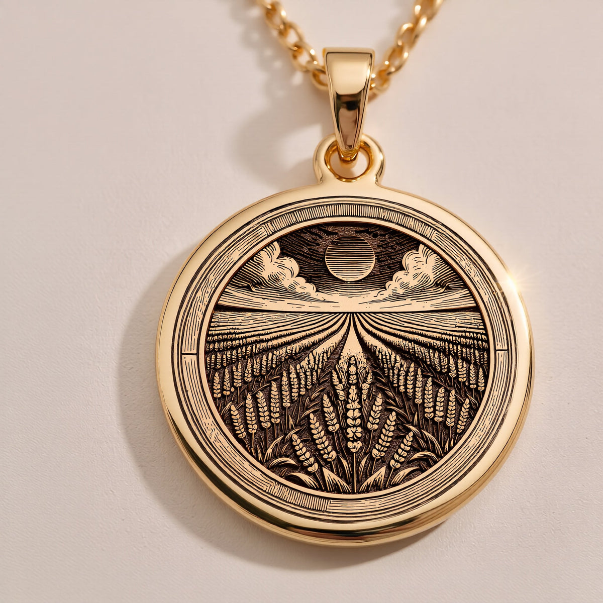 Lavender Field Floral Sun Coin Pendant Necklaces 14K Rose 14K 14K Rose Gold Plated metal crescent moon sunburst pendant necklace on dark fabric.