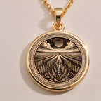 Lavender Field Floral Sun Coin Pendant Necklaces 14K Rose 14K 14K Rose Gold Plated metal crescent moon sunburst pendant necklace on dark fabric.