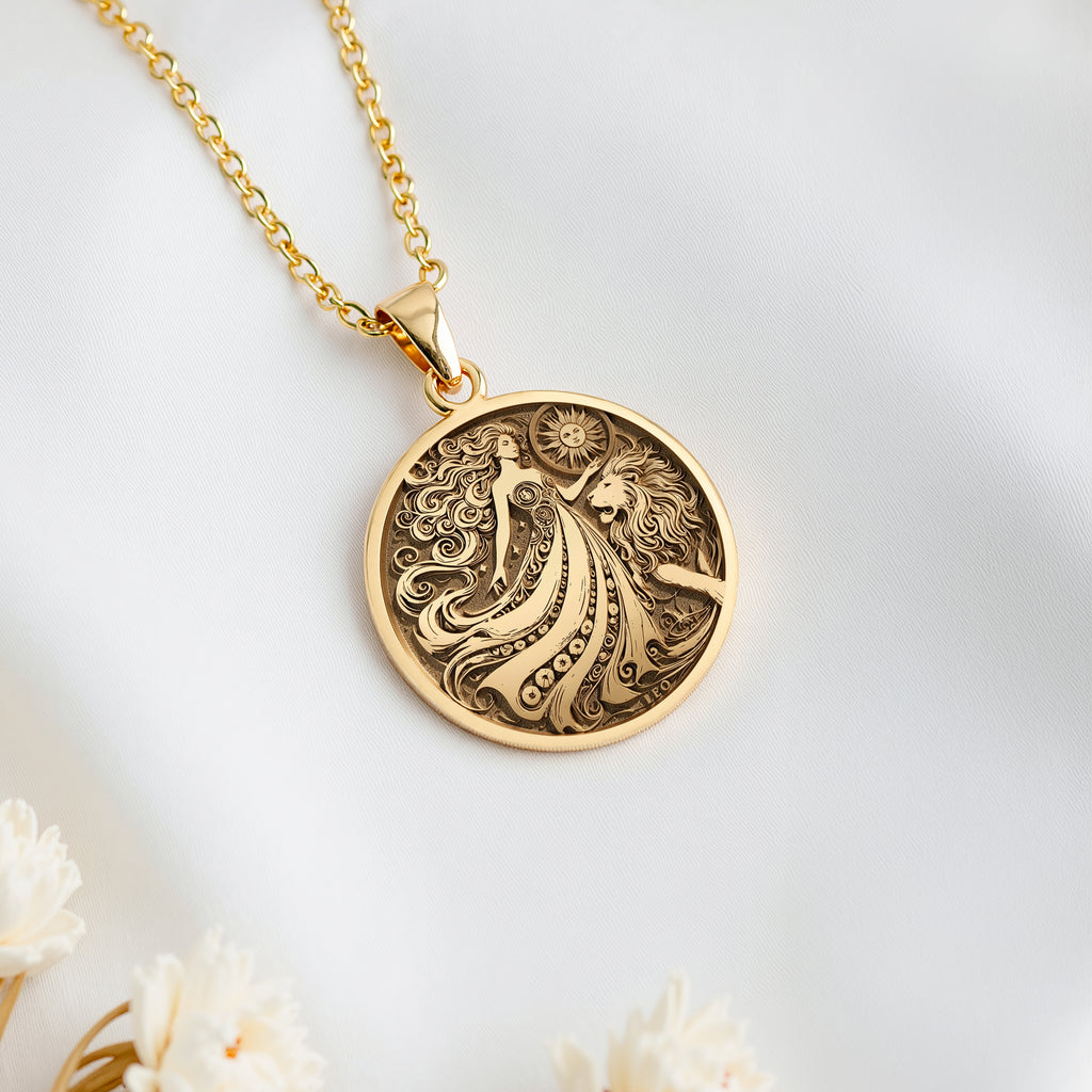 14K solid gold Leo Zodiac Sign Pendant: round  of Leo zodiac sign fire air earth water ...