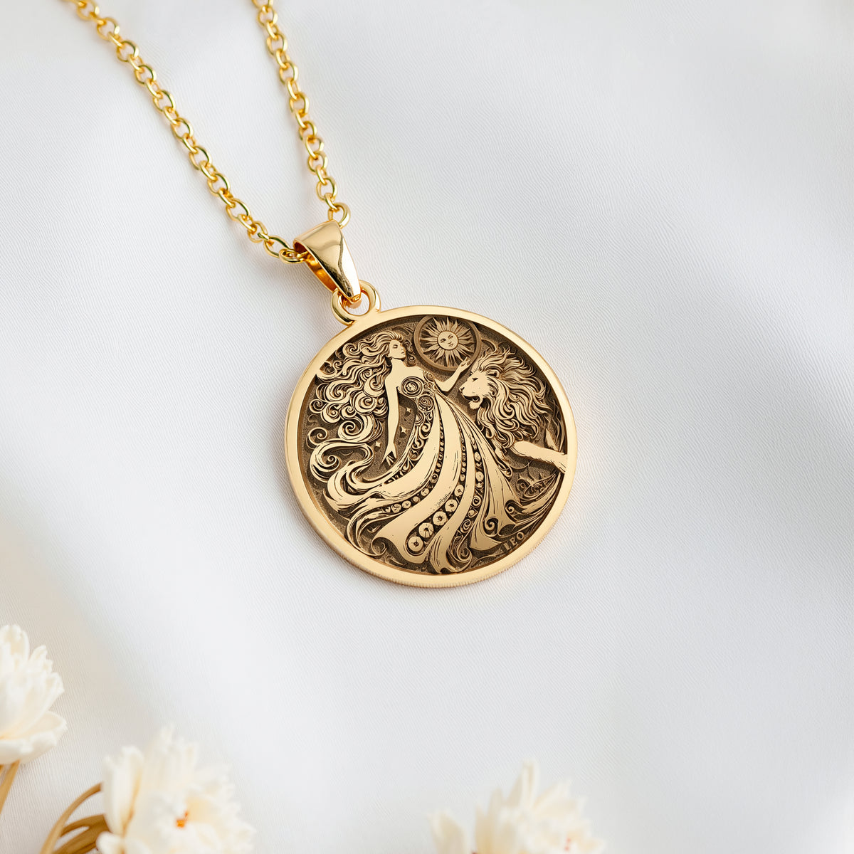 14K solid gold Leo Zodiac Sign Pendant: round  of Leo zodiac sign fire air earth water ...