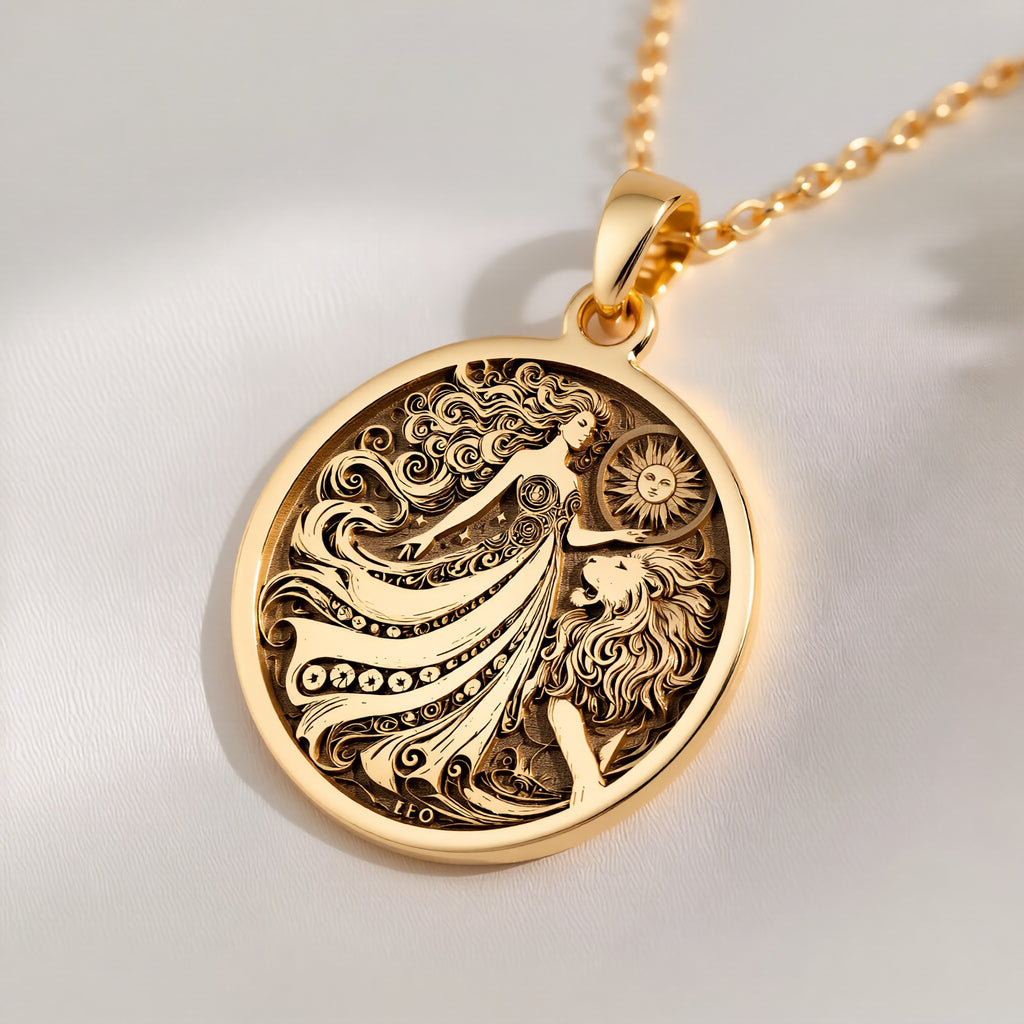 14K solid gold Leo Zodiac Sign Pendant: round  Leo zodiac sign with engraved woman figu...