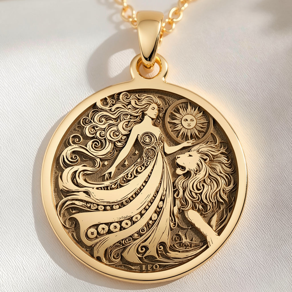 14K solid gold Leo Zodiac Sign Pendant: round  Leo zodiac sign with engraved woman in f...