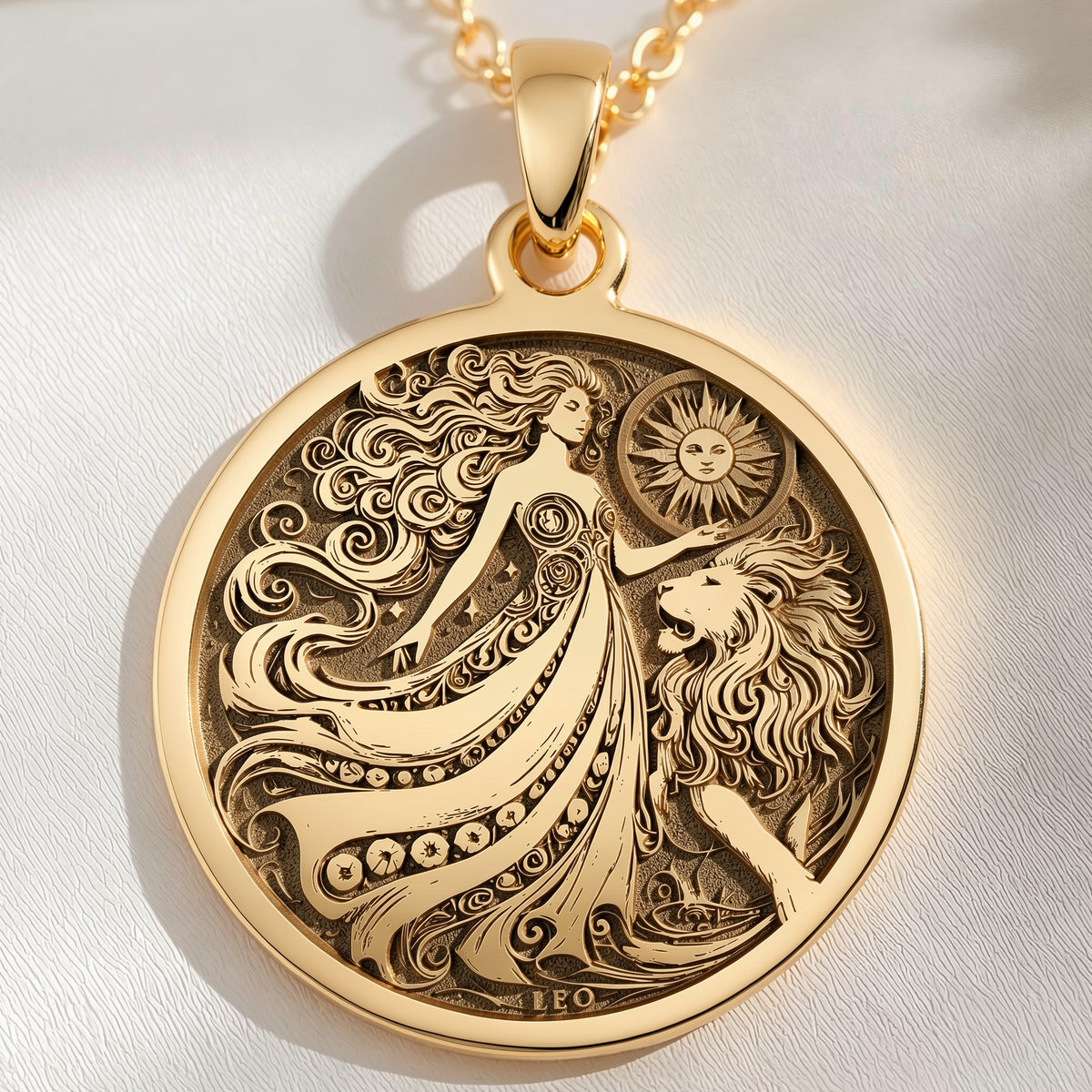 14K solid gold Leo Zodiac Sign Pendant: round  Leo zodiac sign with engraved woman in f...