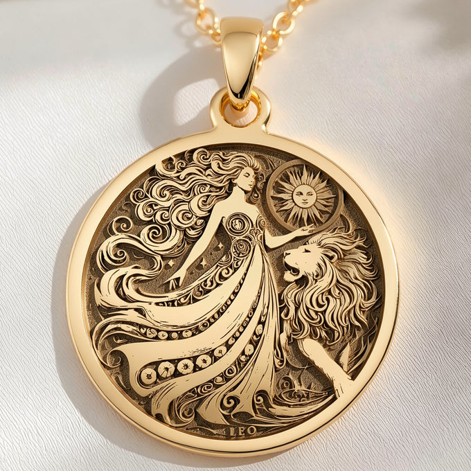 14K solid gold Leo Zodiac Sign Pendant: round  Leo zodiac sign with engraved woman in f...