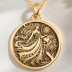 14K solid gold Leo Zodiac Sign Pendant: round  Leo zodiac sign with engraved woman in f...