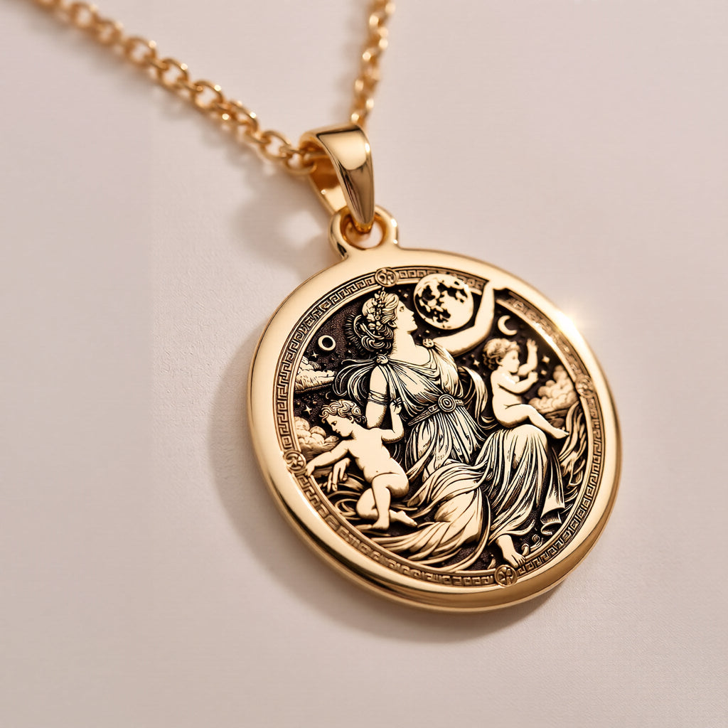 925 925 Sterling Silver Leto Goddess Necklace Necklaces Silver engraved round pendant necklace featuring a classical scene with figures.