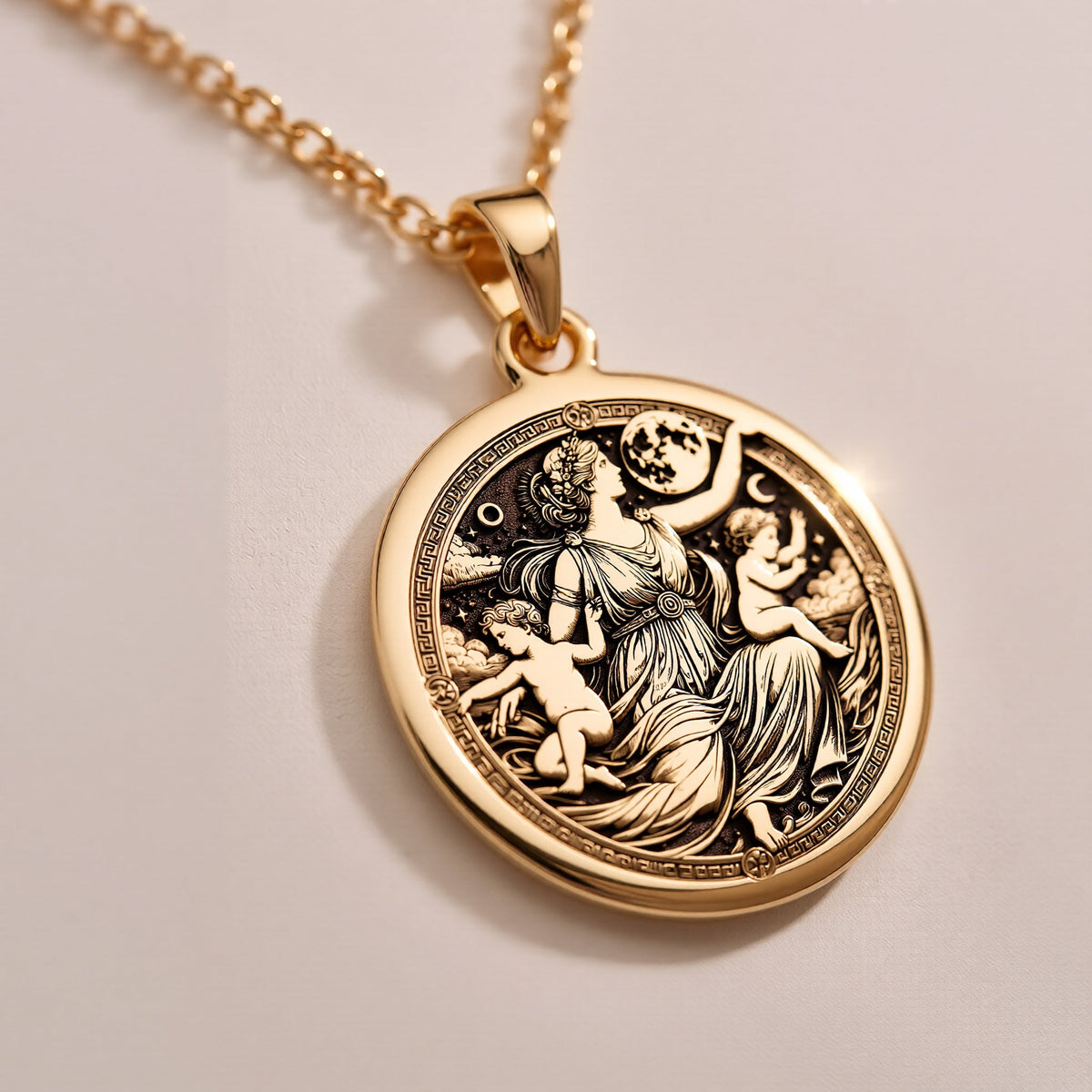 925 925 Sterling Silver Leto Goddess Necklace Necklaces Silver engraved round pendant necklace featuring a classical scene with figures.