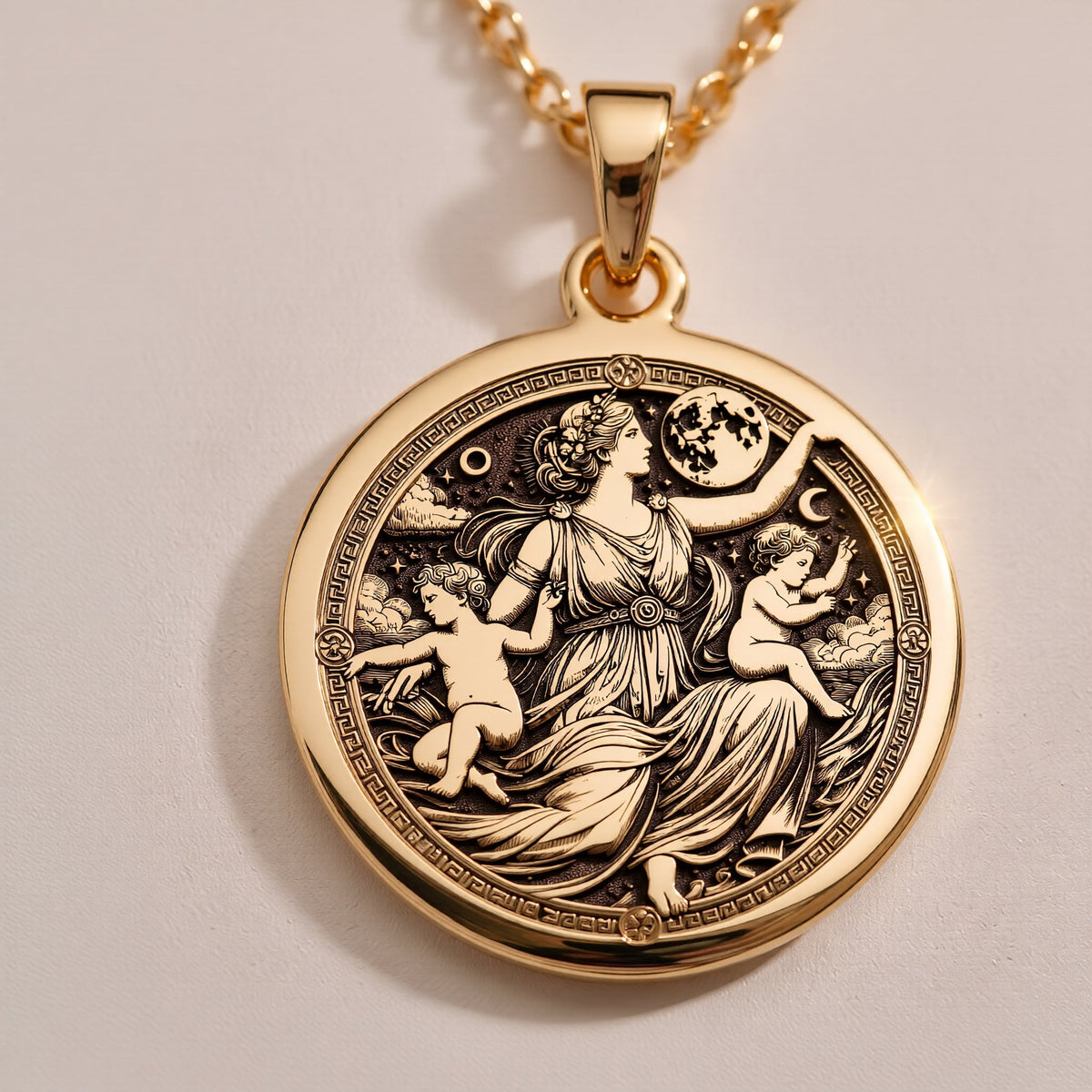 Leto Goddess Necklace Necklaces 14K Rose 14K 14K Rose Gold Plated circular pendant with classical figures design on a delicate chain.