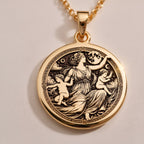 Leto Goddess Necklace Necklaces 14K Rose 14K 14K Rose Gold Plated circular pendant with classical figures design on a delicate chain.