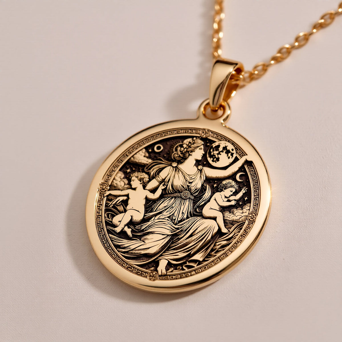 Leto Goddess Necklace Necklaces 14K Rose 14K 14K Rose Gold Plated pendant necklace featuring a detailed classical figures design on a round disc.