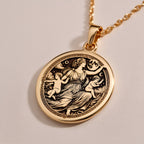 Leto Goddess Necklace Necklaces 14K Rose 14K 14K Rose Gold Plated pendant necklace featuring a detailed classical figures design on a round disc.