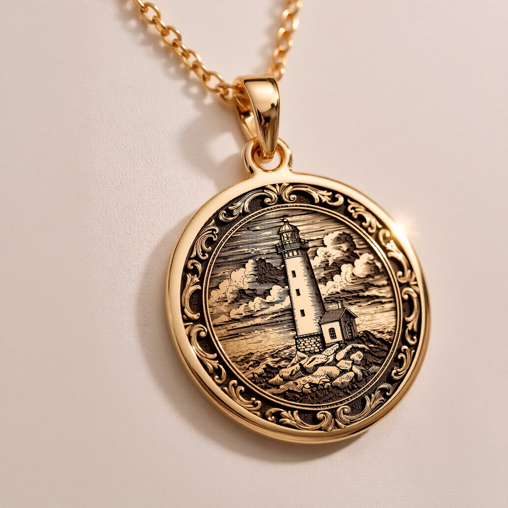 Lighthouse Coastal Beacon Medallion Pendant Necklaces 925 925 Sterling Silver engraved landscape pendant necklace with circular frame