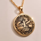 Lighthouse Coastal Beacon Medallion Pendant Necklaces 925 925 Sterling Silver engraved landscape pendant necklace with circular frame