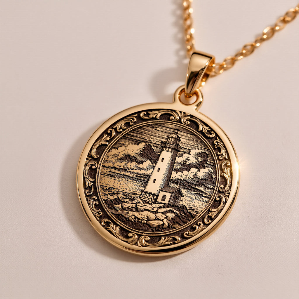 Lighthouse Coastal Beacon Medallion Pendant Necklaces Rose 14K Rose 14K 14K Rose 14K 14K Rose Gold Plated pendant necklace featuring a vintage lighthouse scene on a round disc.