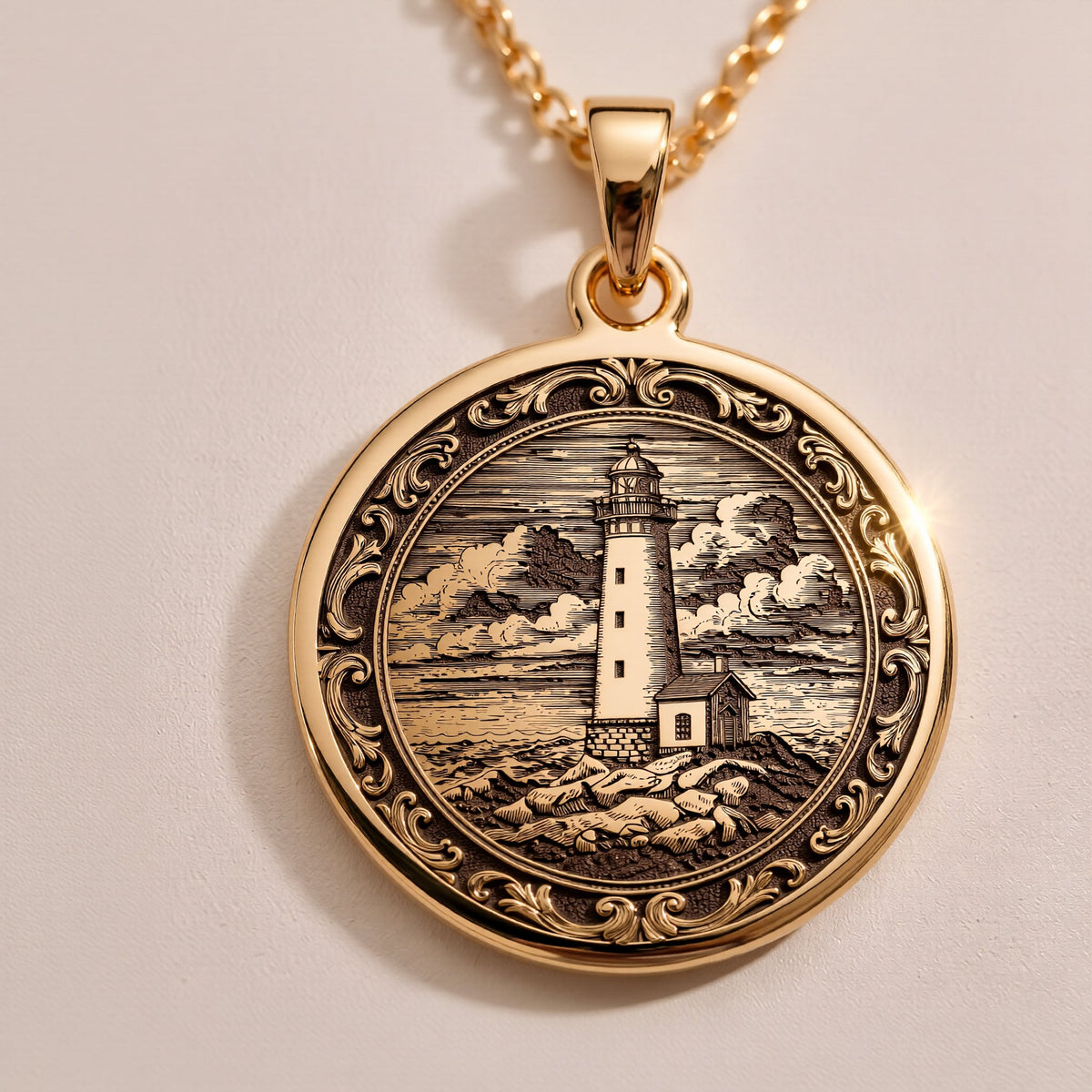 Lighthouse Coastal Beacon Medallion Pendant Necklaces 14K Rose 14K 14K Rose Gold Plated engraved landscape pendant necklace with circular frame and detailed scenery.