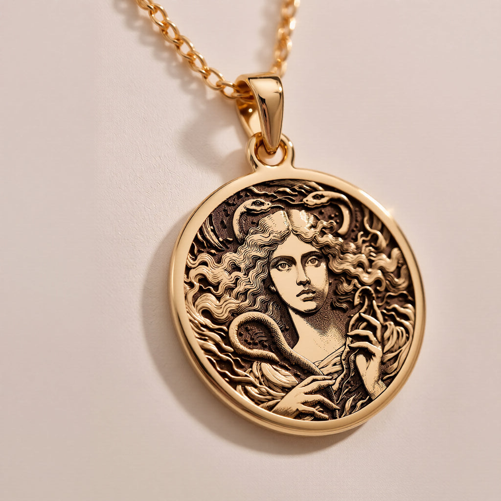 14K solid gold Lilith Goddess Necklace: round  of Lilith goddess with engraved horned g...