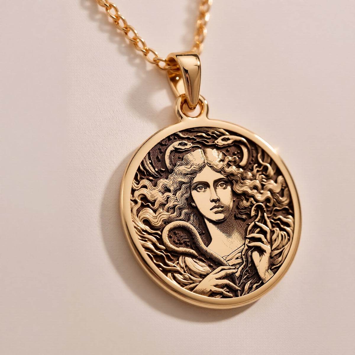 14K solid gold Lilith Goddess Necklace: round  of Lilith goddess with engraved horned g...