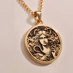 14K solid gold Lilith Goddess Necklace: round  of Lilith goddess with engraved horned g...