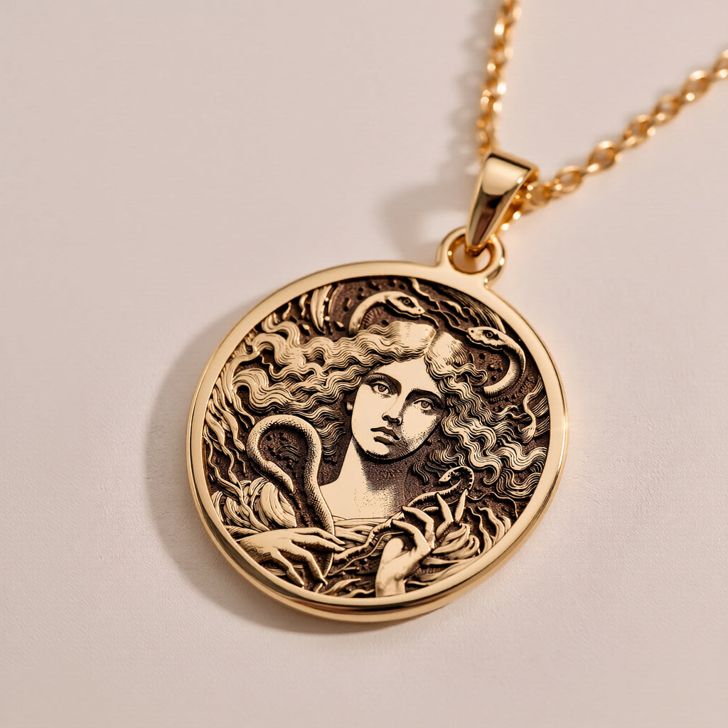 14K solid gold Lilith Goddess Necklace: round  of Lilith goddess with engraved three-he...