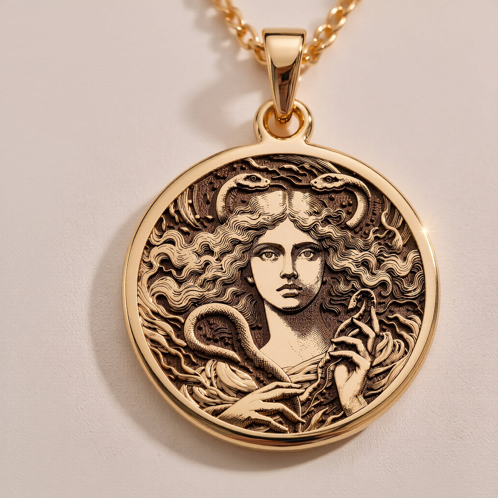 14K solid gold Lilith Goddess Necklace: round  of Lilith ancient Mesopotamian goddess w...